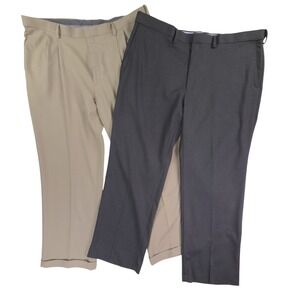JM Haggar 2 Pair Dress Pants 1-Gray Flat Front & 1-Tan Pleated Cuffed Sz 42x30